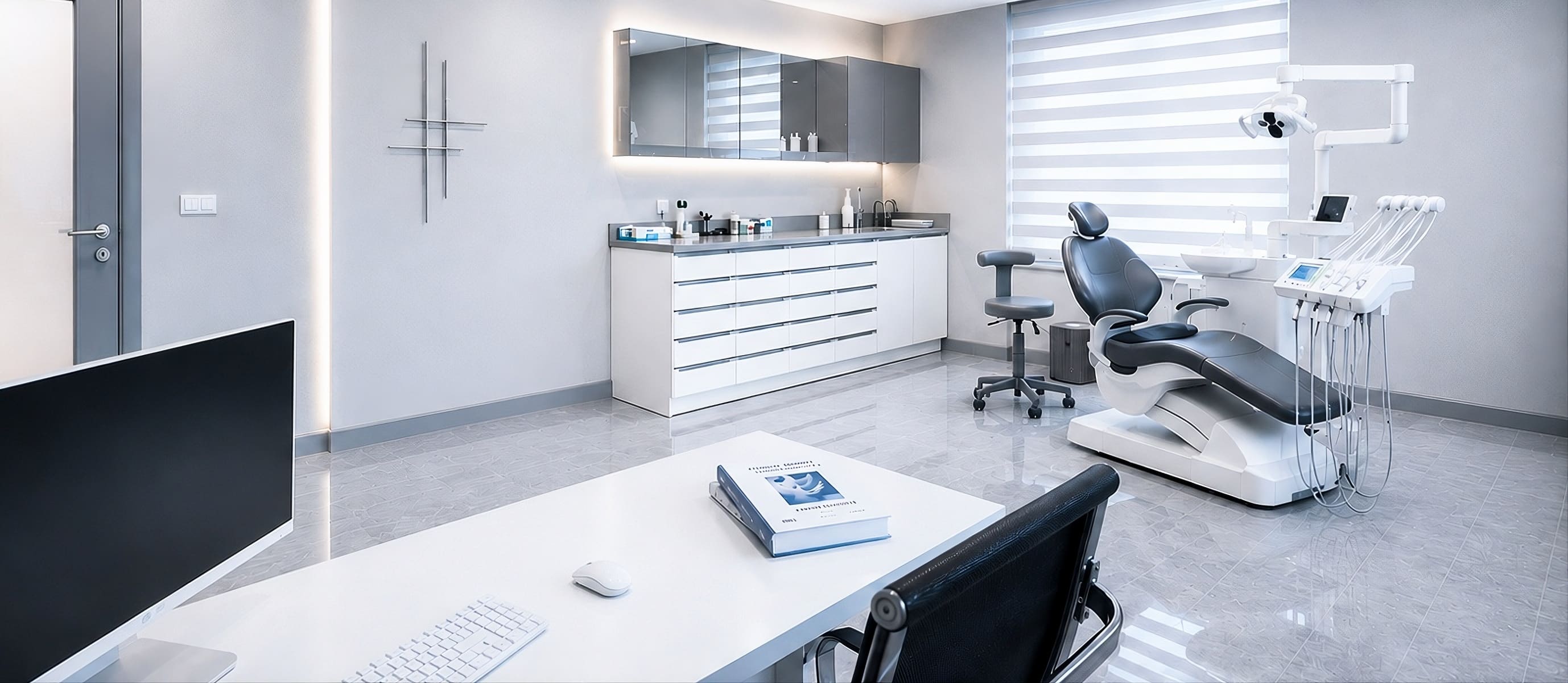 Modern dental clinic interior with bright lighting and state-of-the-art equipment