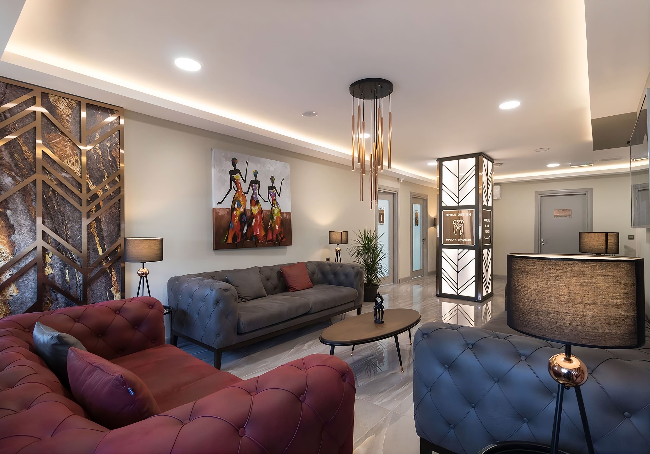 Welcoming dental clinic reception area with comfortable seating